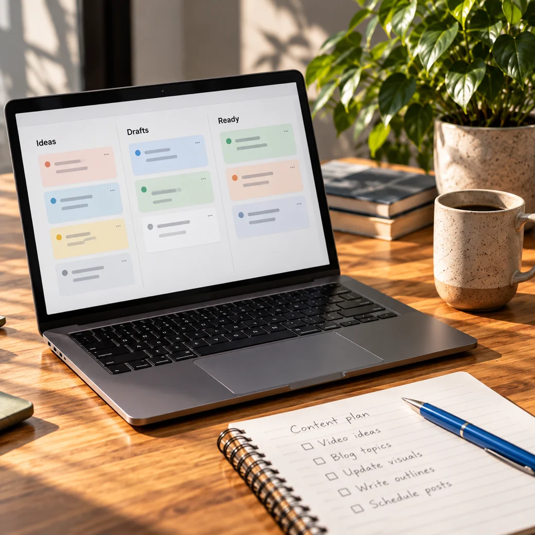 Illustrative desk with a laptop showing a generic content board, a notebook and a cup